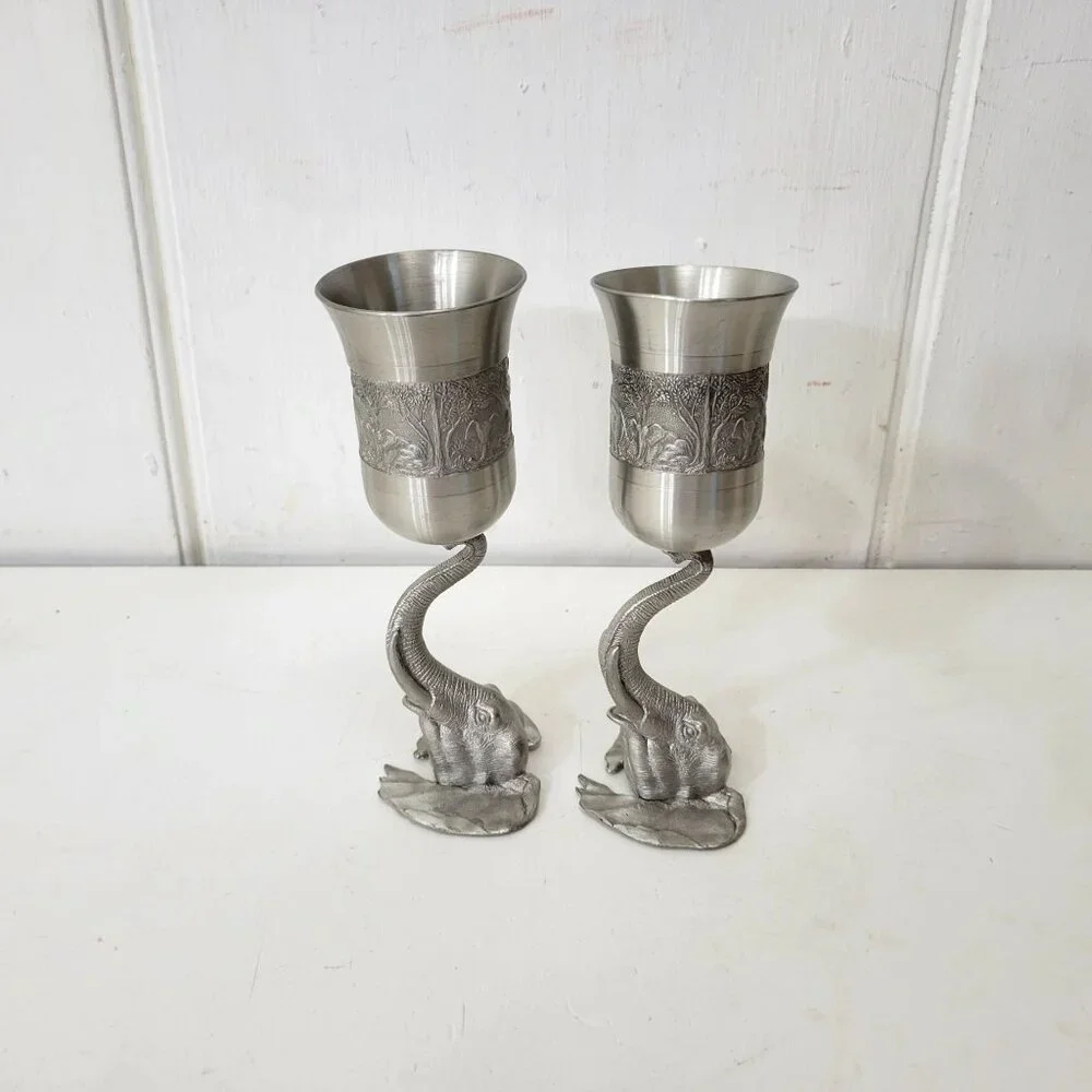 Elephant-Themed Pewter Wine Goblets Pair - Picture 3 of 11